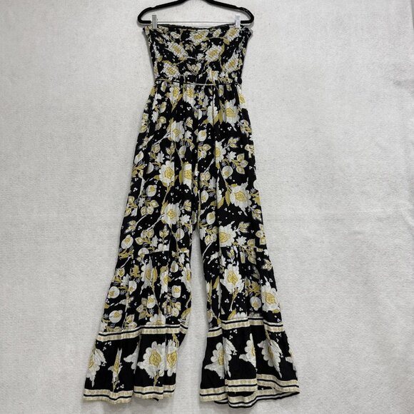 Free People Jumpsuit Womens Small Black Floral Strapless Smocked Wide Leg Boho - Picture 8 of 12